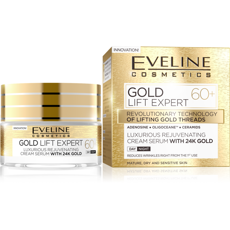 Eveline Gold Lift Expert Luksusowy Odmładzający Krem-Serum z 24k Złotem 60+ na Dzień i na Noc 50ml