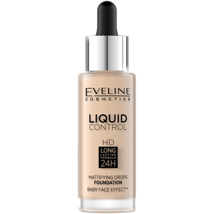 Eveline Liquid Control HD Lekki Podkład do Twarzy z Dropperem Doskonały Efekt Matowienia 001 Porcelain 32ml