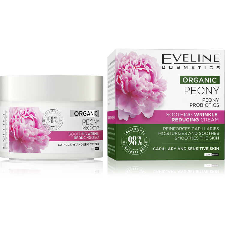 Eveline Organic Peony Łagodzący Krem Redukujący Zmarszczki dla Cery Naczynkowej i Wrażliwej na Dzień i na Noc 50ml