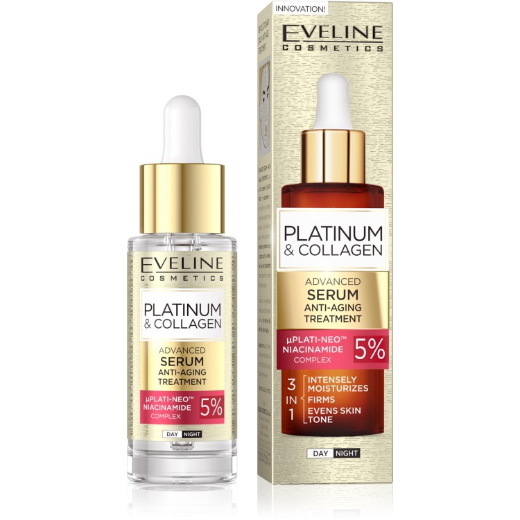 Eveline Platinum & Collagen 5% Complex Plati-Neo™i Niacynamid 3w1 Zaawansowane Serum Zabieg Przeciwstarzeniowy na Dzień i na Noc 30ml