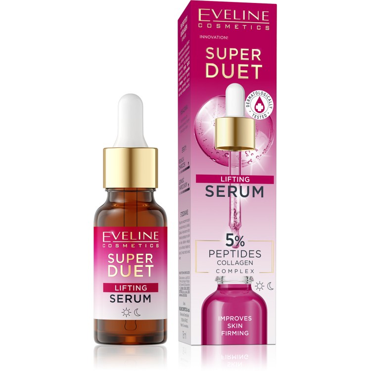 Eveline Super Duo Skoncentrowane Serum Liftingujące z 5% Peptydami i Kompleksem Kolagenowym dla Skóry Suchej i Dojrzałej na Dzień i na Noc 18ml