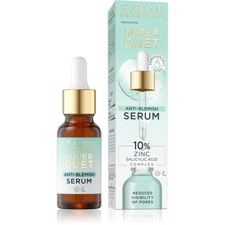 Eveline Super Duet Skoncentrowane Serum Anti - Blemish z 10% Cynkiem i Kompleksem Kwasu Salicylowego dla Skóry Problematycznej na Dzień i na Noc 18ml