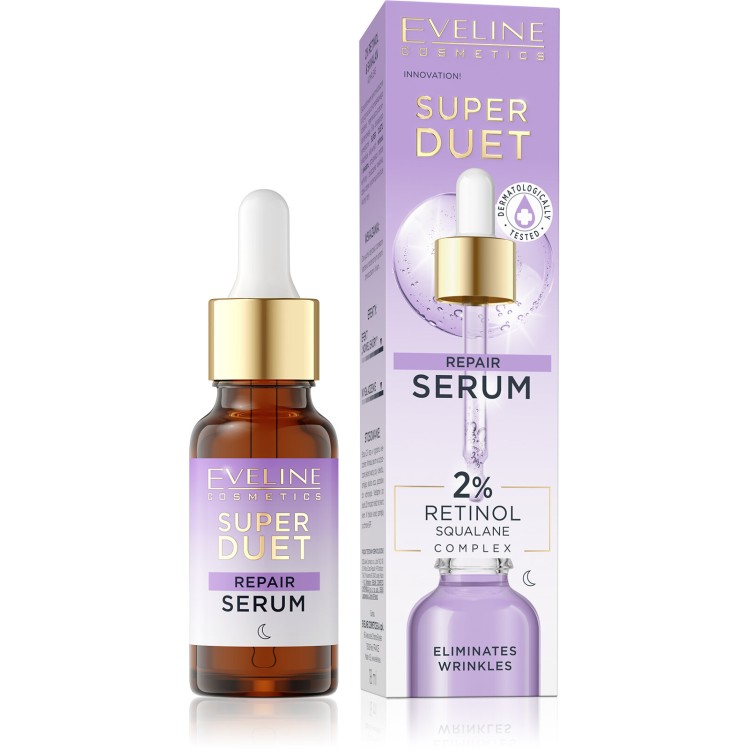 Eveline Super Duet Repair Skoncentrowane Serum Naprawcze z 2% Retinolem i Compleksem Skwalanu dla Skóry Suchej i Dojrzałej na Noc 18ml