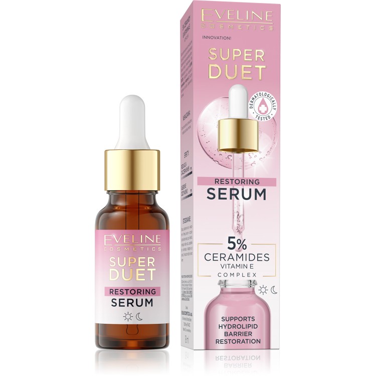 Eveline Super Duet Restoring Regenerujące Serum 5% Ceramidy i Kompleks Witaminy E dla Skóry Odwodnionej i Suchej na Dzień i na Noc 18ml