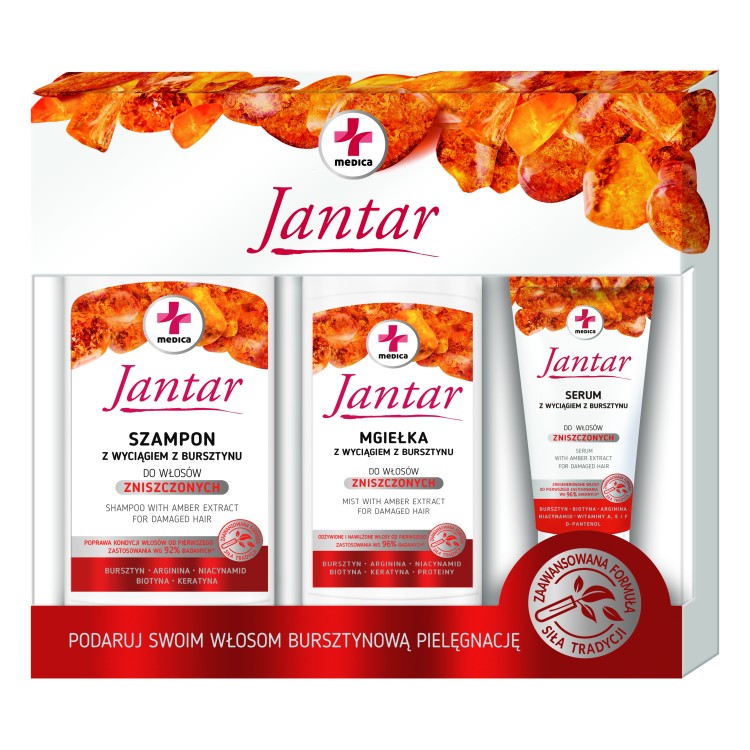 JANTAR MEDICA SZAMPON 330ML & ODŻYWKA 200ML & SERUM 30ML z wyciągiem z bursztynu zestaw prezentowy