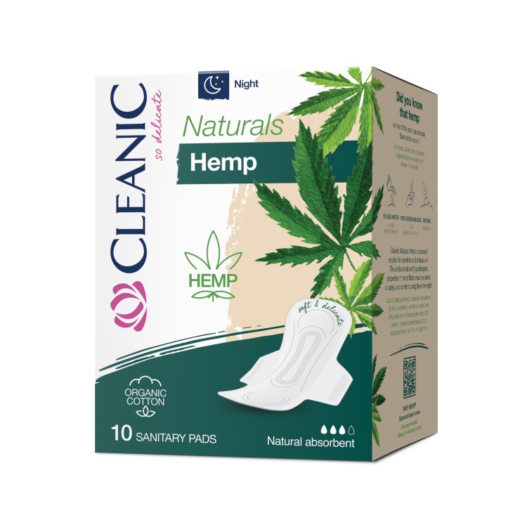 CLEANIC NATURALS ORGANIC COTTON & HEMP podpaski na noc 10 szt