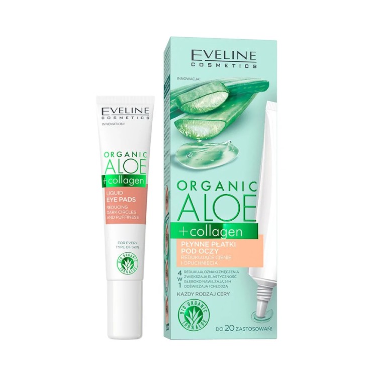 Eveline ORGANIC ALOE + collagen Płynne płatki pod oczy redukujące cienie i opuchnięcia aloes+kolagen 20ml