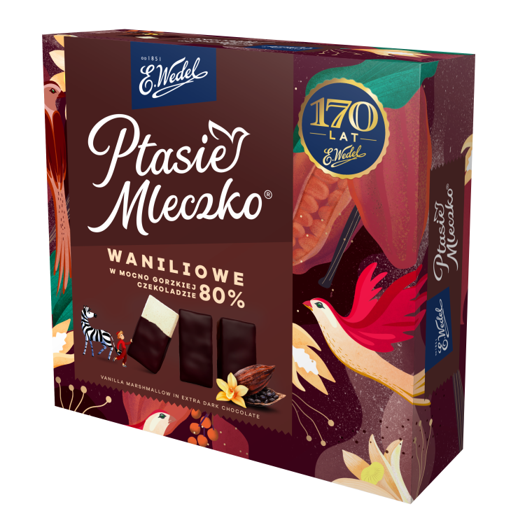 WEDEL PTASIE MLECZKO® WANILIOWE W MOCNO GORZKIEJ CZEKOLADZIE 80% 340G