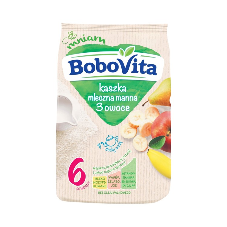 BoboVita kaszka mleczna manna 3 owoce, po 6. miesiącu 230g