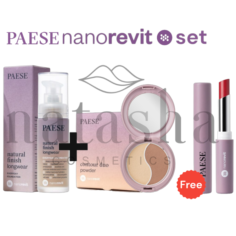 PAESE NANOREVIT BUNDLE podkład o naturalnym wykończeniu 02 Porcelain + Contour duo do konturowania twarzy