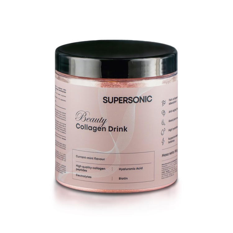 SUPERSONIC BEAUTY COLLAGEN DRINK Z KWASEM HIALURONOWYM I ELEKTROLITAMI O SMAKU PORZECZKI I MIĘTY 180G